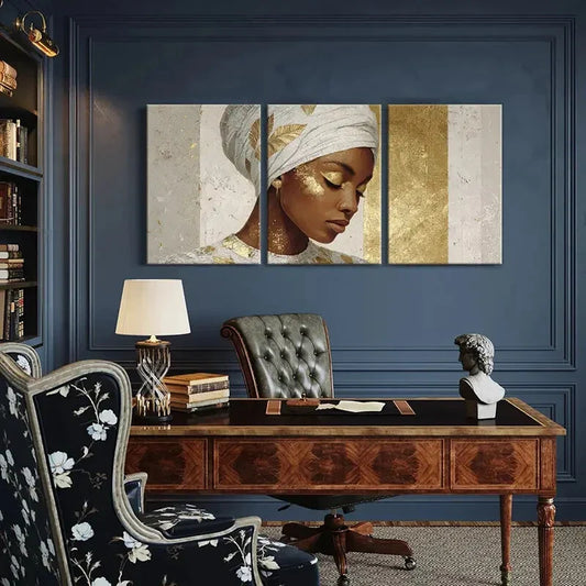 3pcs Golden Leaf Woman Portrait Elegant Metal Print Ready to Hang Art