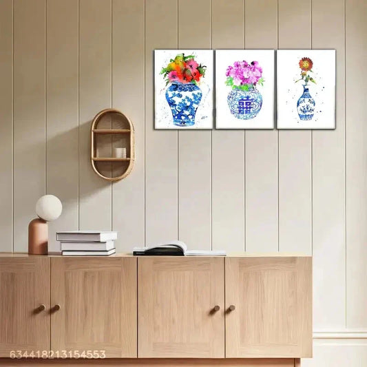 3pcs Blue and White Porcelain Floral Decoration Metal Print Ready to Hang Art