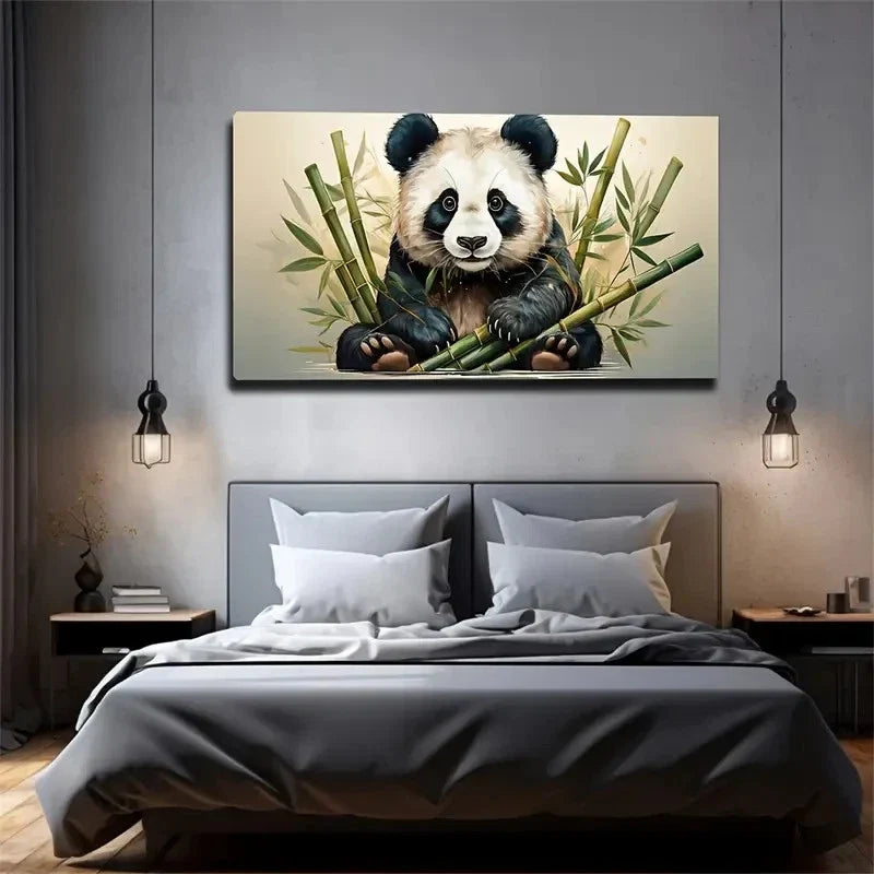 Giant Panda With Bamboo Wall Art Canvas Office Home Room Framed 80x45cm
