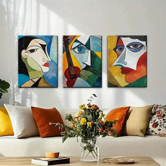 3pcs Vibrant Geometric Face Expressions Perfect Wall Art Set Canvas Framed 40x60cm - High Quality Print 100% Australian Made Wall Canvas Ready to Hang