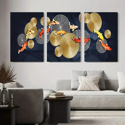 3pcs Elegant Koi Fish Golden & Red Koi Modern Metal Print Ready to Hang Art