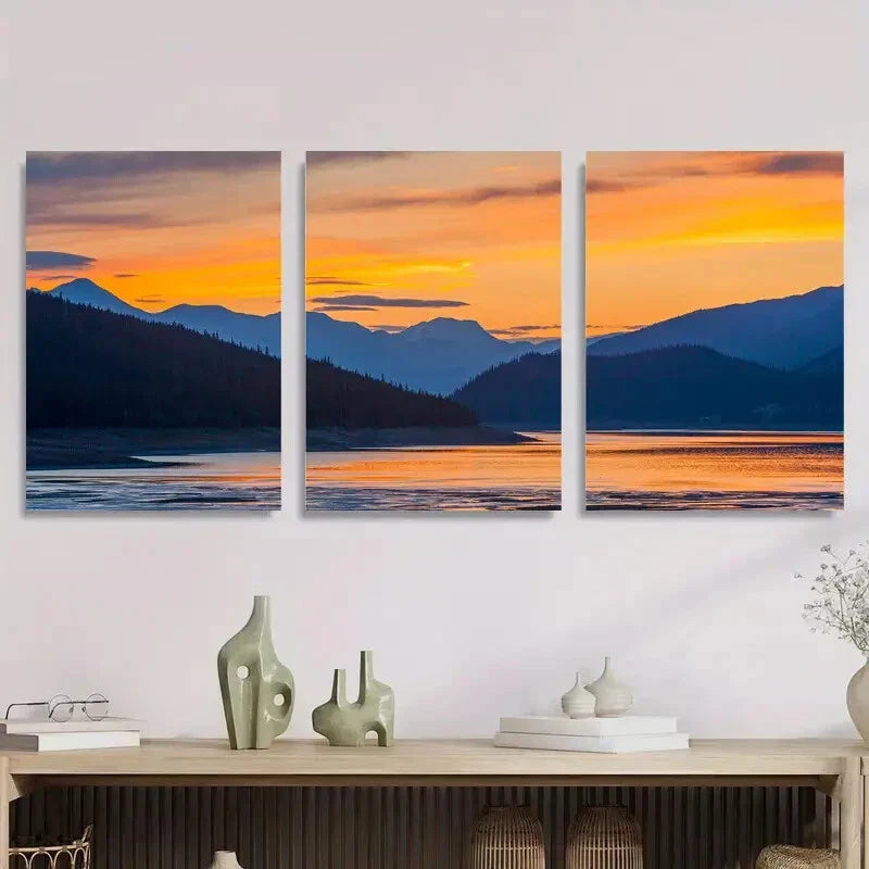 3pcs Serene Sunset Over Mountain Vibrant Nature Metal Print Ready to Hang Art'