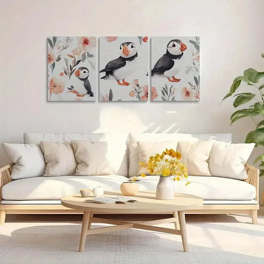 3pcs Sea Parrot Puffin Pattern With Flowers Metal Print Ready to Hang Art
