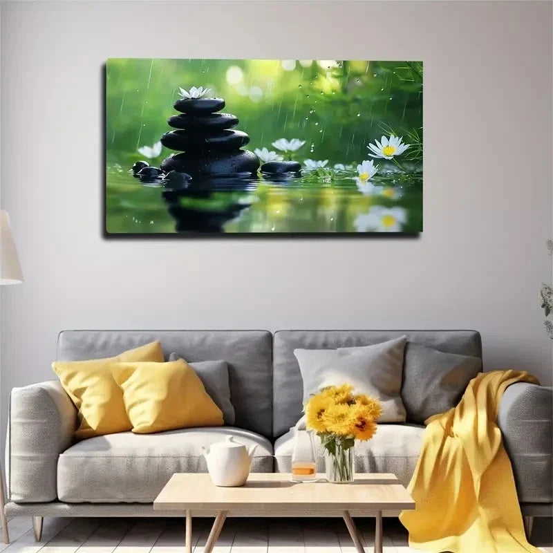 Black Stones Stacked Rain Wall Art Canvas Office Home Room Framed 120x60cm