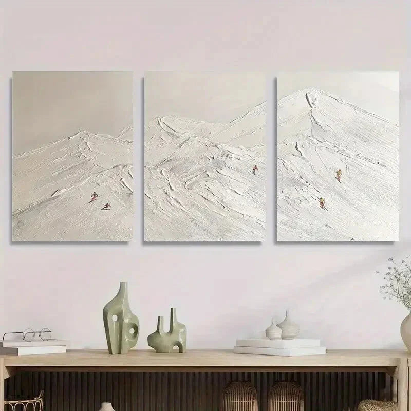 3pcs Snowy Mountain Peaks with Skiers Metal Print Ready to Hang Art