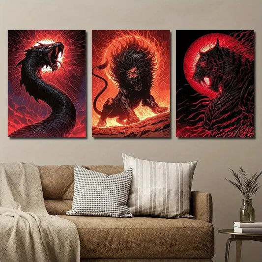 3pcs Vibrant Fire Snake Lion and Cheetah Jungle Metal Print Ready to Hang Art