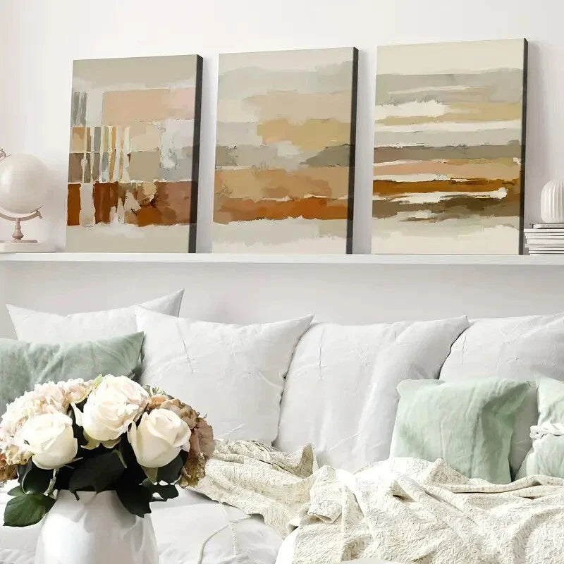 3pcs Abstract Geometric Beige Earth Tone Nordic Wall Art Set Canvas Framed 40x60cm - High Quality Print 100% Australian Made Wall Canvas Ready to Hang