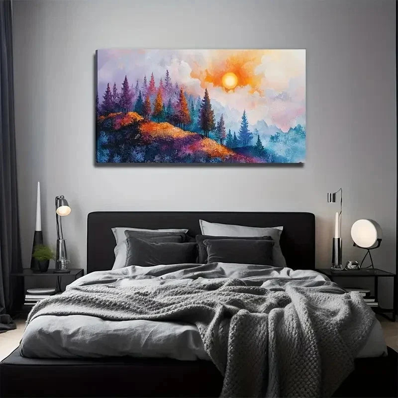 Mountain View Sun Suitable Wall Art Canvas Office Home Room Framed 80x45cm
