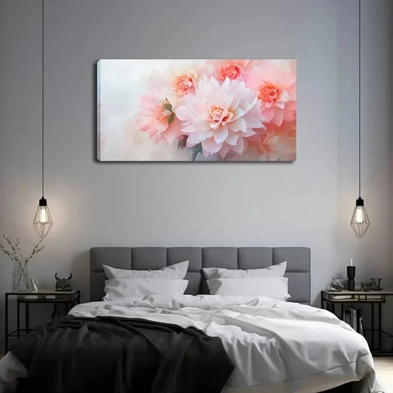Soft Pastel Pink White Dahlia Wall Art Canvas Office Home Room Framed 120x60cm