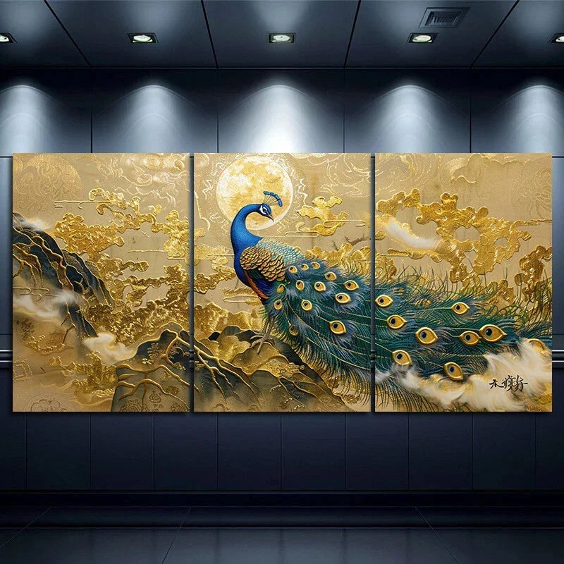 3pcs Stunning Gold Modern Peacock Metal Print Ready to Hang Art