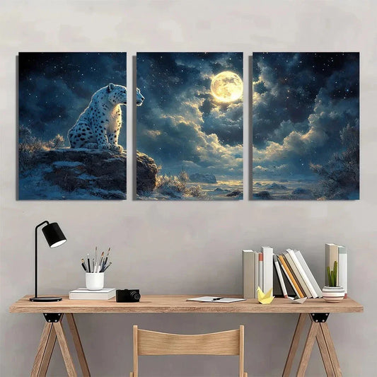 3pcs Majestic Snow Leopard Vintage Metal Print Ready to Hang Art