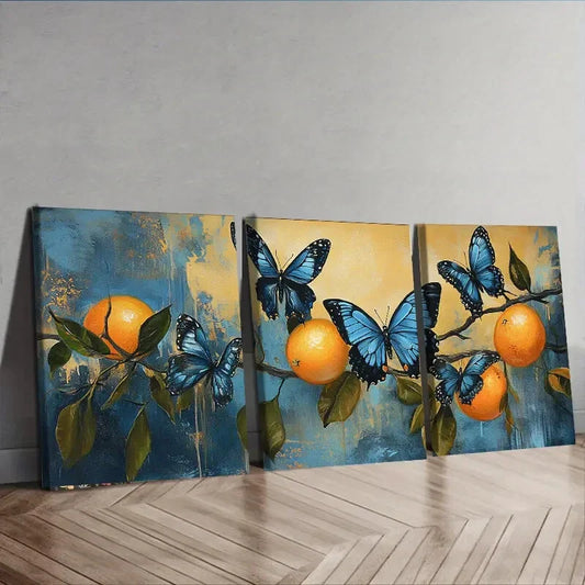 3pcs Beautiful Blue Butterflies & Orange Perfect Wall Art Set Canvas Framed 40x60cm - High Quality Print 100% Australian Made Wall Canvas Ready to Hang