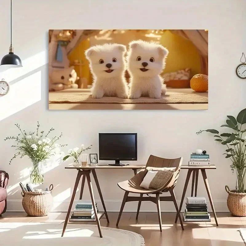 Fluffy Puppies Sunlight Décor Wall Art Canvas Office Home Room Framed 120x60cm