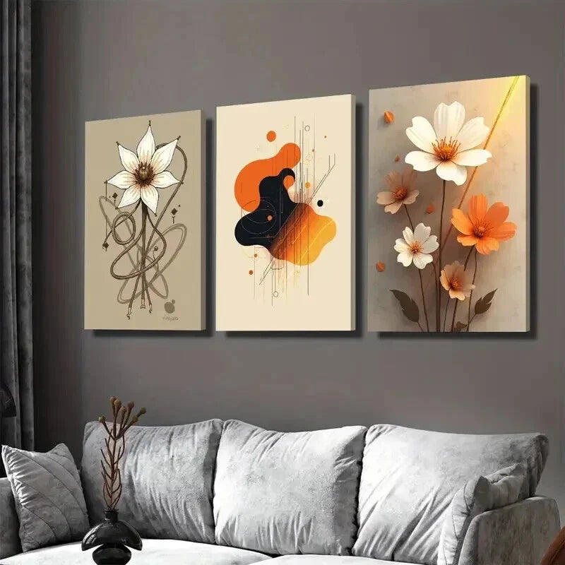 3pcs Elegant Floral Vibrant Orange Abstract Wall Art Set Canvas Framed 40x60cm - High Quality Print 100% Australian Made Wall Canvas Ready to Hang