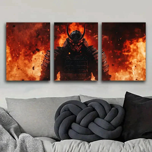3pcs Crimson Warrior with Black Horns, Metal Print Ready to Hang Art