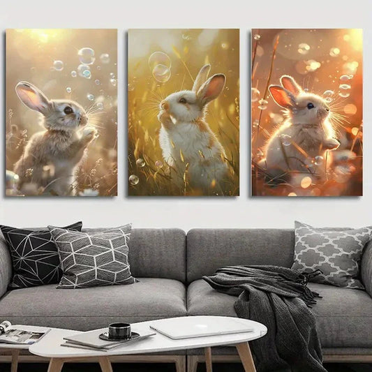 3pcs White Rabbit Grass Yellow & Golden Metal Print Ready to Hang Art