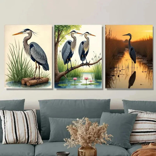 3pcs Herons in Nature Triptych Vertical Bird Wall Art Set Canvas Framed 40x60cm - High Quality Print 100% Australian Made Wall Canvas Ready to Hang
