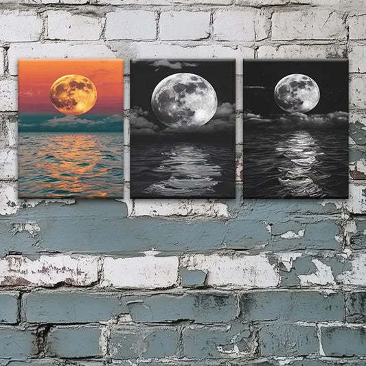 3pcs Moonlight Reflections Painting Metal Print Ready to Hang Art