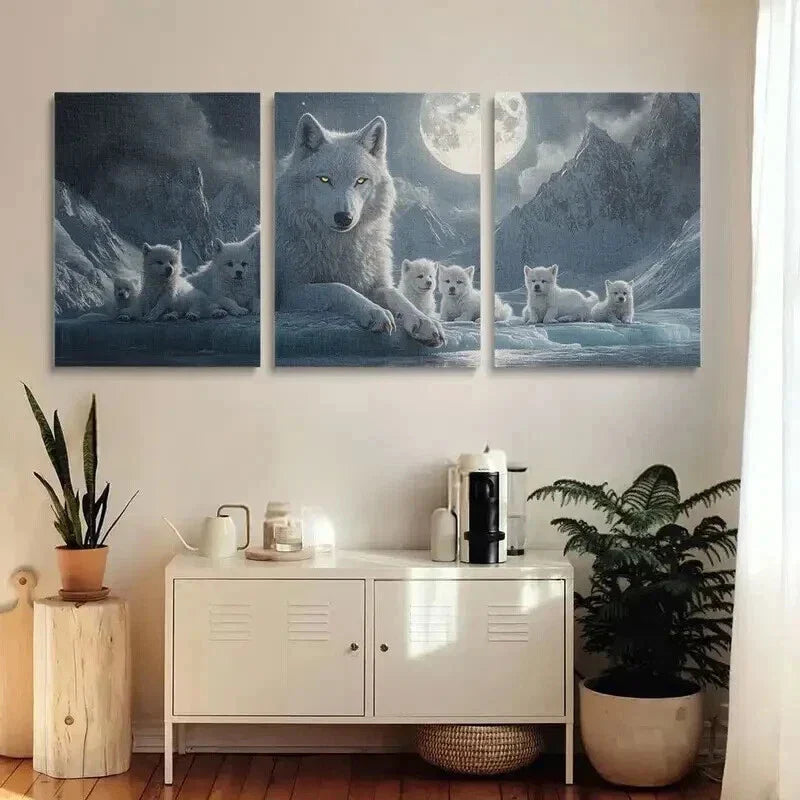 3pcs Majestic White Wolf with Yellow Eyes Wall Art Set Canvas Framed 40x60cm - High Quality Print 100% Australian Made Wall Canvas Ready to Hang