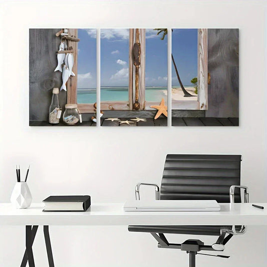 3pcs Beach Starfish Seashells Mid Century Modern Metal Print Ready to Hang Art