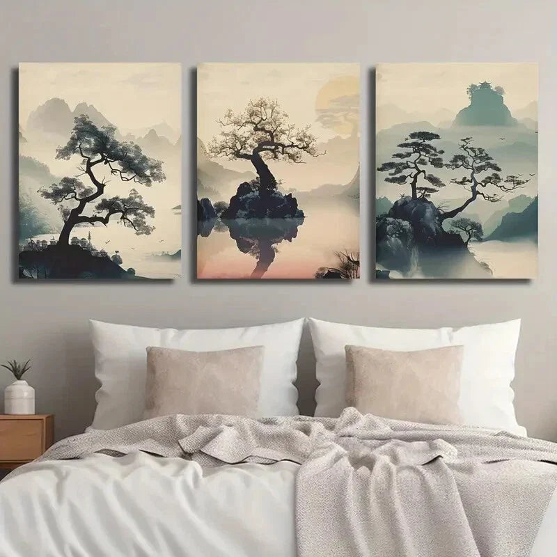 3pcs Vintage Japanese Abstract Plants and Trees Metal Print Ready to Hang Art