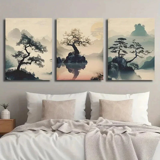 3pcs Vintage Japanese Abstract Plants and Trees Metal Print Ready to Hang Art