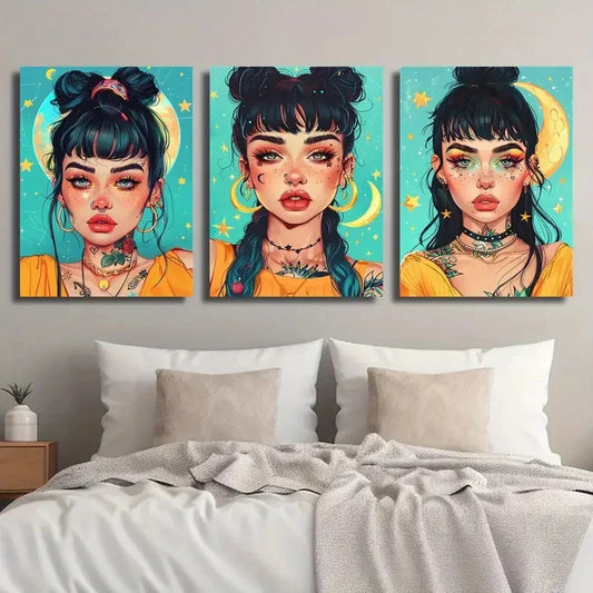 3pcs Space Tattoo Woman Anime Style Character Metal Print Ready to Hang Art