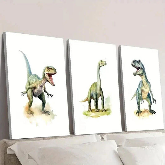 3pcs Tyrannosaurus Rex Velociraptor Illustration Wall Art Set Canvas Framed 40x60cm - High Quality Print 100% Australian Made Wall Canvas Ready to Hang