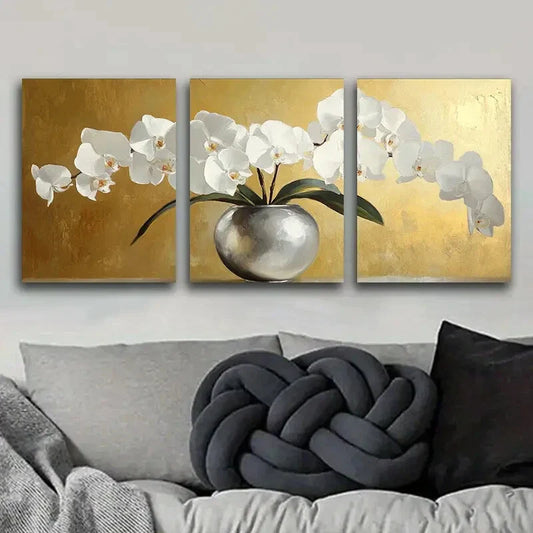 3pcs White Orchid in Silvery Vase Metal Print Ready to Hang Art