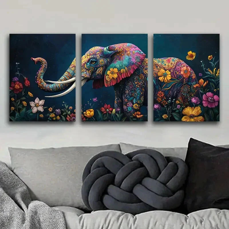3pcs Vibrant Elephant Colorful Art Perfect Wall Art Set Canvas Framed 40x60cm - High Quality Print 100% Australian Made Wall Canvas Ready to Hang