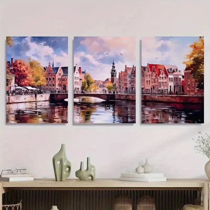 3pcs Modern Classic Art Deco Vertical Bruges Metal Print Ready to Hang Art