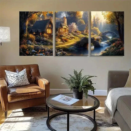 3pcs Enchanted Cottage Landscape Nature Perfect Wall Art Set Canvas Framed 40x60cm - High Quality Print 100% Australian Made Wall Canvas Ready to Hang