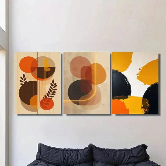 3pcs Vibrant Orange, Brown, and Black Metal Print Ready to Hang Art