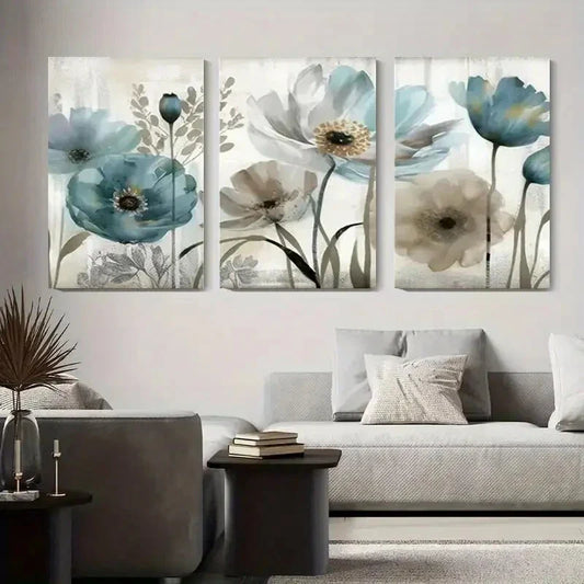 3pcs Elegant Blue and Beige Floral Metal Print Ready to Hang Art