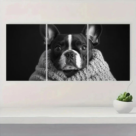 3pcs Whimsical Black & White Bulldog Metal Print Ready to Hang Art