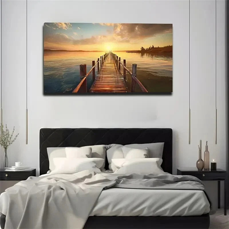 Dusk Lake And Vintage Bridge Wall Art Canvas Office Home Room Framed 80x45cm