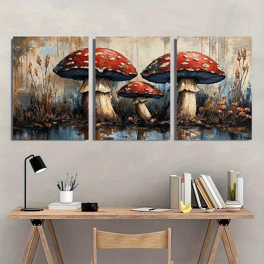 3pcs Vintage Blue Mushroom Oil Painting Metal Print Ready to Hang Art