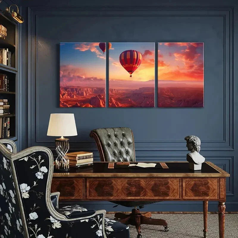 3pcs Hot Air Balloon Landscape, Sunset Glow, sky Wall Art Set Canvas Framed 40x60cm - High Quality Print 100% Australian Made Wall Canvas Ready to Hang