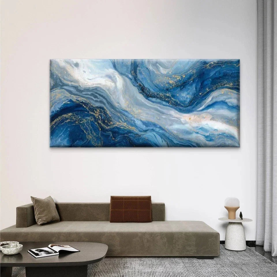Blue & Golden Abstract Wall Art Canvas Office Home Room Framed 80x45cm