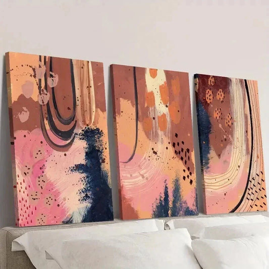 3pcs Orange & Pink Earth Tone Linear Design Wall Art Set Canvas Framed 40x60cm - High Quality Print 100% Australian Made Wall Canvas Ready to Hang