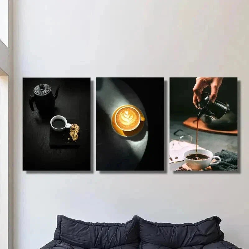 3pcs Black Espresso Coffee and Cake Wall Art Set Canvas Framed 40x60cm - High Quality Print 100% Australian Made Wall Canvas Ready to Hang