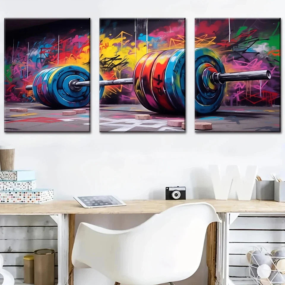 3pcs Gym Graffiti Art Weight Lifting Barbell Metal Print Ready to Hang Art