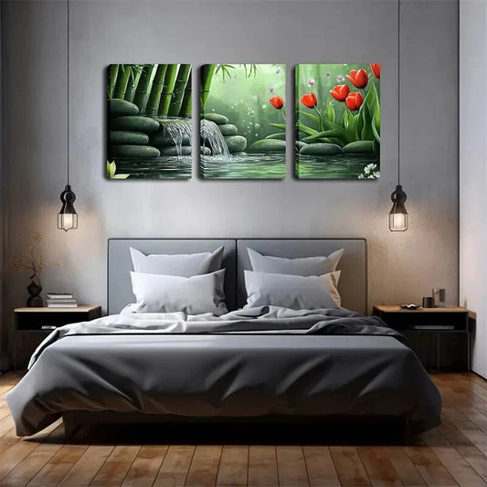 3pcs stone Waterfall Oriental garden style Wall Art Set Canvas Framed 40x60cm - High Quality Print 100% Australian Made Wall Canvas Ready to Hang