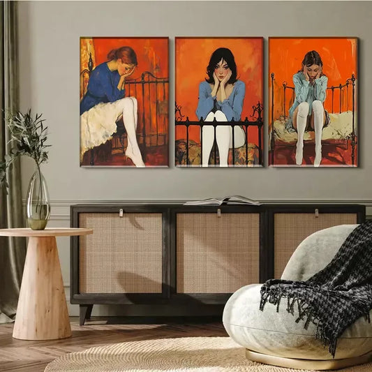 3pcs Vintage Style Girl Portraits Triptych Wall Art Set Canvas Framed 40x60cm - High Quality Print 100% Australian Made Wall Canvas Ready to Hang