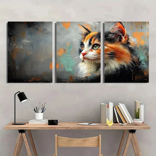 3pcs Calico Cat Oil Painting Modern Abstract Metal Print Ready to Hang Art