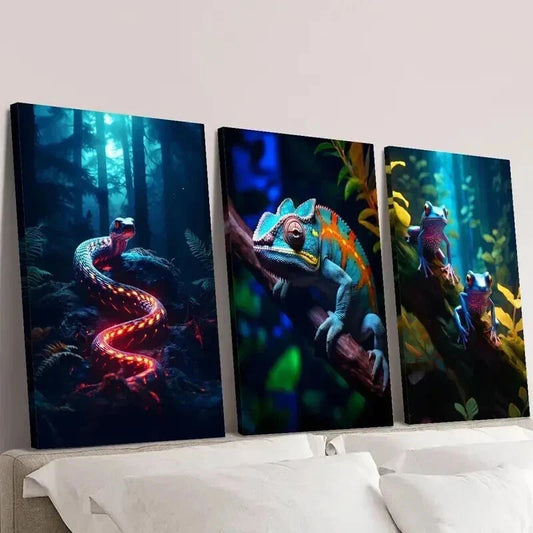 3pcs Colorful Chameleon Snake & Psychedelic Frog Wall Art Set Canvas Framed 40x60cm - High Quality Print 100% Australian Made Wall Canvas Ready to Hang