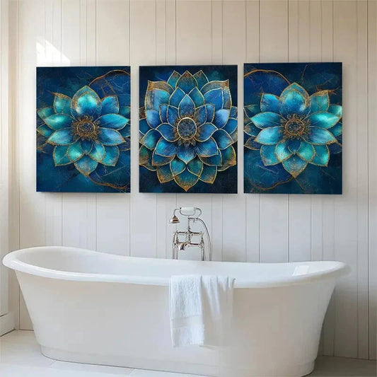 3pcs Teal Blue Mandala Flower Elegant Perfect Wall Art Set Canvas Framed 40x60cm - High Quality Print 100% Australian Made Wall Canvas Ready to Hang