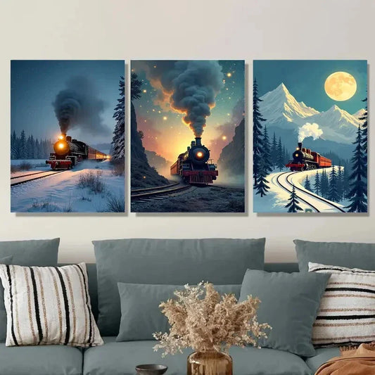 3pcs Vintage Train Triptych Snowy Moonlit Night Wall Art Set Canvas Framed 40x60cm - High Quality Print 100% Australian Made Wall Canvas Ready to Hang
