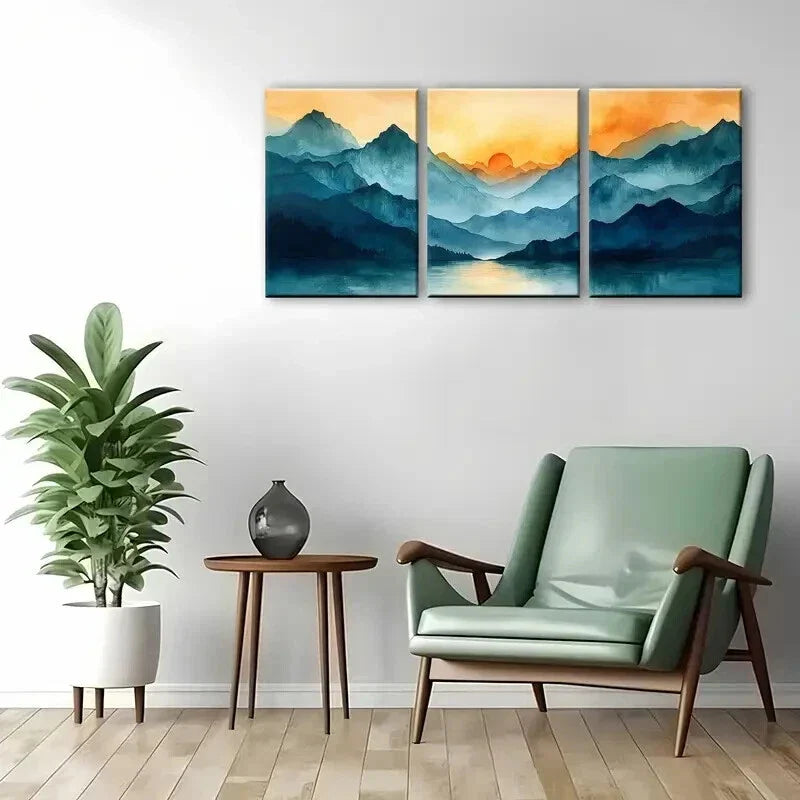 3pcs Blue Mountains and Orange Sunrise Wall Art Set Canvas Framed 40x60cm - High Quality Print 100% Australian Made Wall Canvas Ready to Hang