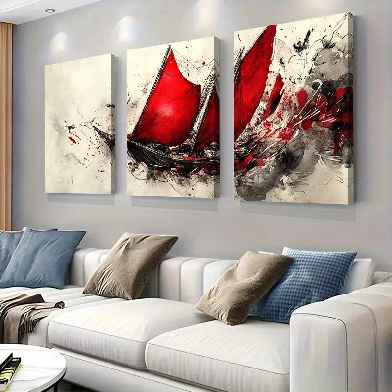 3pcs Abstract Sailing Ship Bold Red Sails Wall Art Set Canvas Framed 40x60cm - High Quality Print 100% Australian Made Wall Canvas Ready to Hang